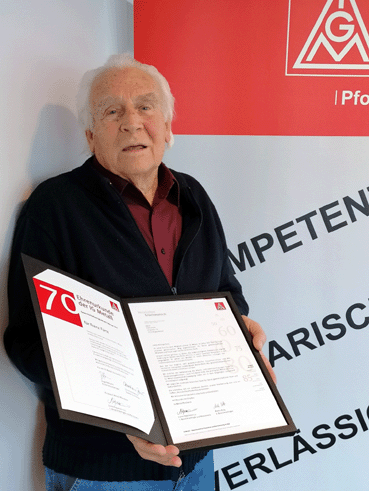 Bild: 70 Jahre in der IG Metall :  Urgestein Franz Fürst wurde 90 Jahre alt (Foto: IG Metall Pforzheim-Enzkreis)